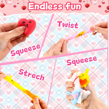 28 Pack Valentines Day Gifts for Kids  Valentine Mochi Squishy Toys Filled Hearts with Valentine Cards for Kids School Classroom Exchange Prizes Valentine Party Favor Toy Exchange Greeting Card