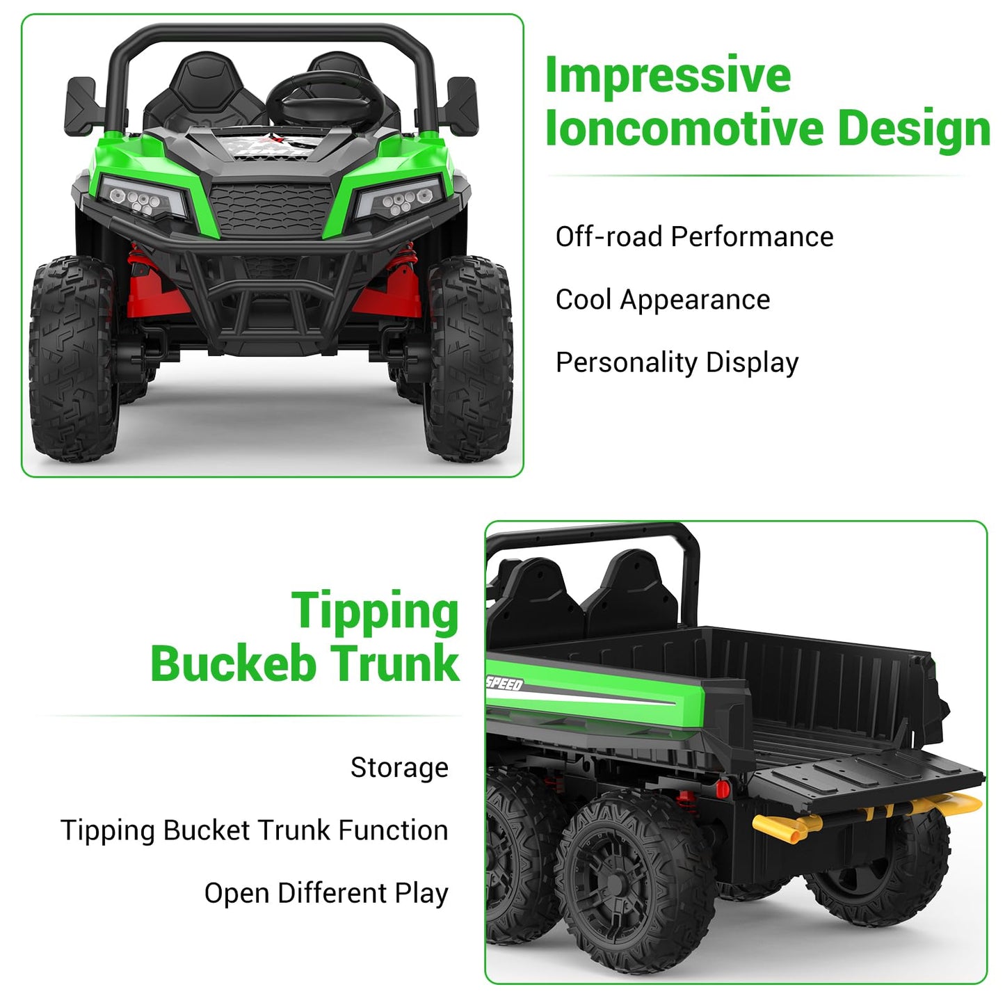 Garvee 24V 4WD 6-Wheel Electric Ride On Dump Truck with Remote Control  2 Seater Kids Dump Truck Toy for Big Kids Ages 3+  Includes Interactive Shovel  Dump Bed  LED Lights & Music Player