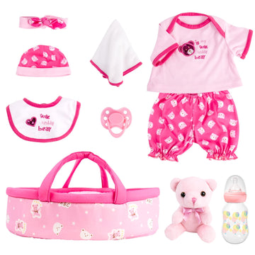 Aori 10 Pcs Reborn Baby Dolls Clothes Set with Pink Bassinet for 16-18 Inch Baby Doll, Carrier Bed and Baby Doll Clothes Outfit 