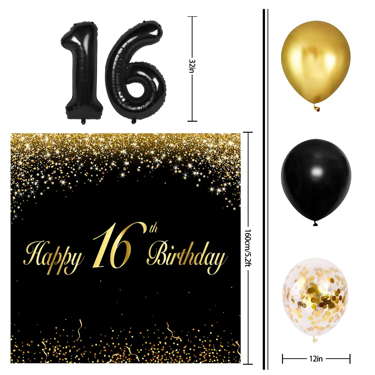 Happy 16Th Birthday Balloons Black Set Decor - Cheers To 16 Years Old Party Theme Garland Banner Backdrop Decorations For Boy An
