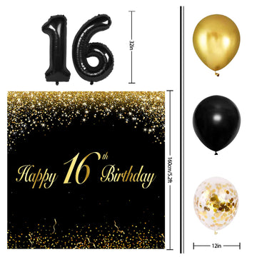 Happy 16Th Birthday Balloons Black Set Decor - Cheers To 16 Years Old Party Theme Garland Banner Backdrop Decorations For Boy An