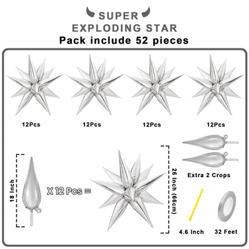 Funtoob Silver Star Balloons Metallic Star Foil Balloons Silver Star Cone Balloons Starburst Balloon Spike Balloons For Birthday