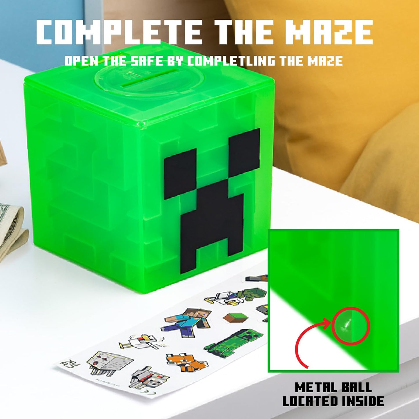 Paladone Minecraft Creeper Maze Safe, Complete The Maze To Unlock Money, Fun Minecraft Block Collectible Toy And Piggy Bank For