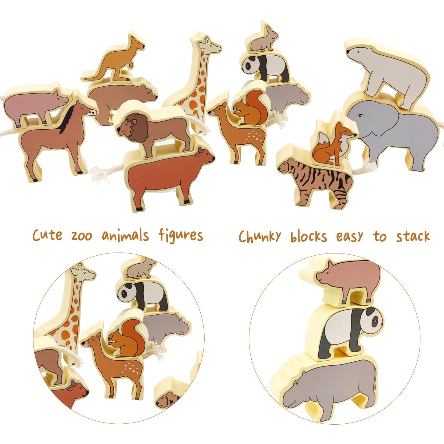 Xylolin Wooden Zoo Animal Blocks Stacking And Balancing Toy, Toddler Wood Animal Figures Blocks Imaginative Play, Preschool Educational Toys And Stack Balance Games For Kids