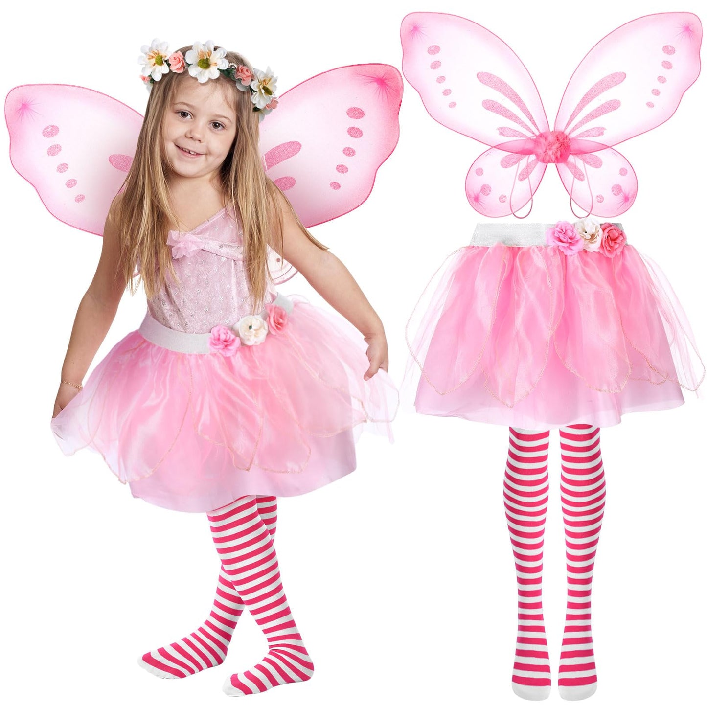 Newcotte 4 Pcs Halloween Girls Costume Includes Wings Tutu Headband Striped Tights For Kids Toddler Halloween(Pink Fairy)