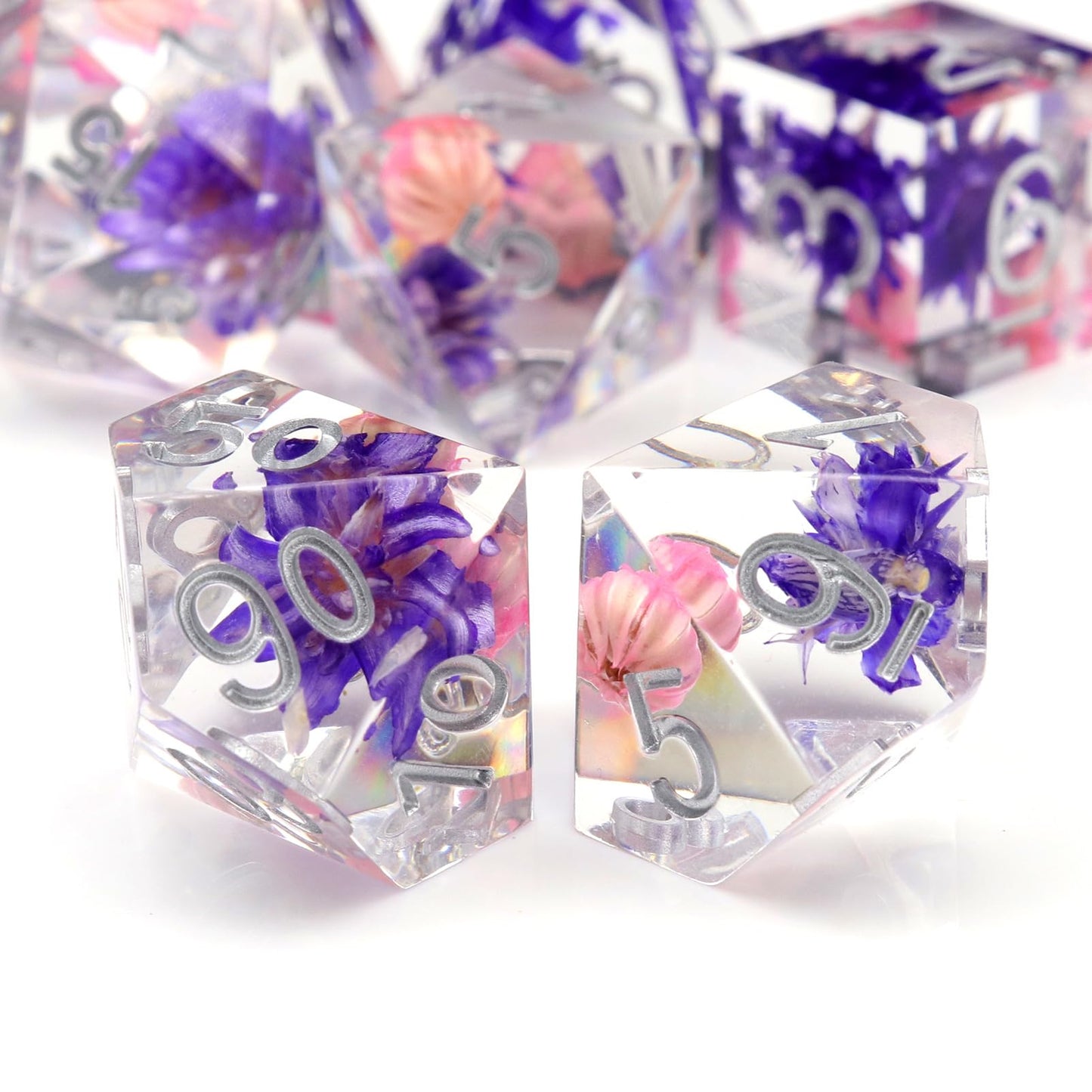 PJOY DND Sharp Edged Dice Set, 7pcs Pink and Purple Flower DND Dice Set Resin D&D Polyhedral Dice with Dice Case for Role Playin
