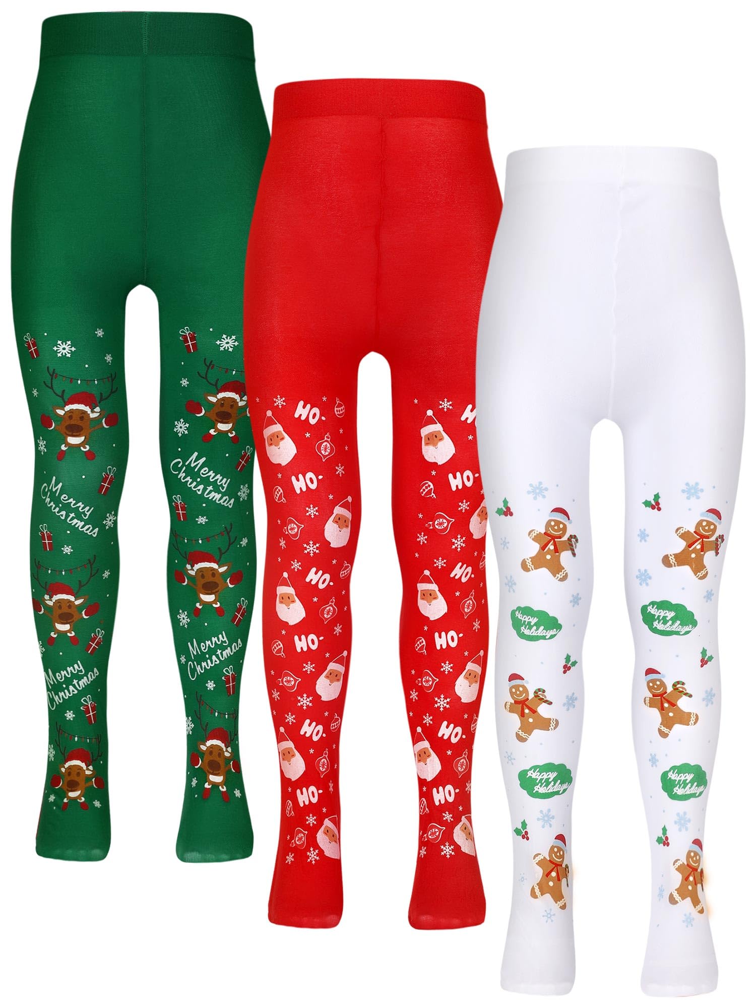 Bencailor 3 Packs Girls Christmas Tights Set Little Girls Christmas Stockings Xmas Footed Leggings For Girls 5-10 Years Old(Sant