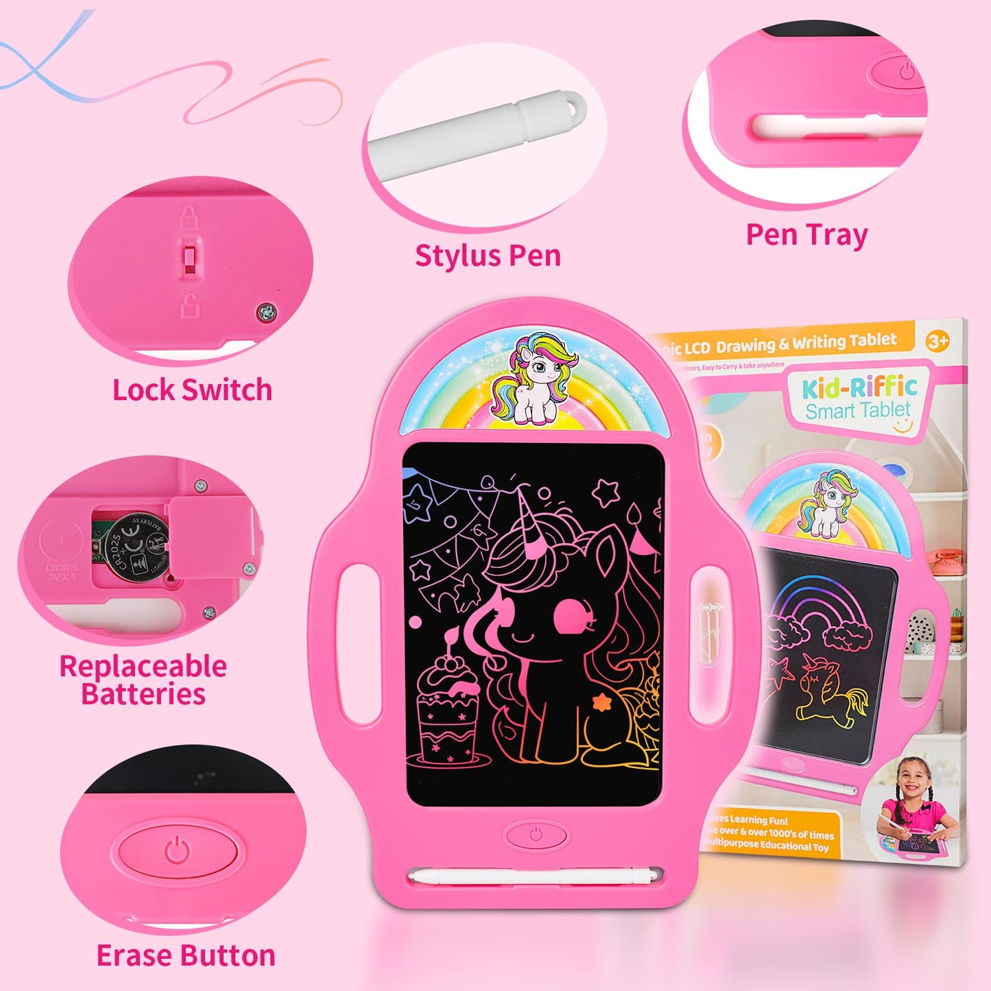 8.5 Inch Magic LCD Writing Tablet for Kids 2-7 - Unicorn Rainbow Learning Doodle Board with Handle, Resusable Mess-Free Drawing