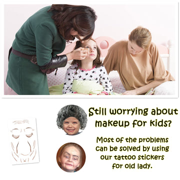 Aqx Old Lady Wig For Kids, Old Lady Wig Wrinkle Tattoos 15 Pcs Set