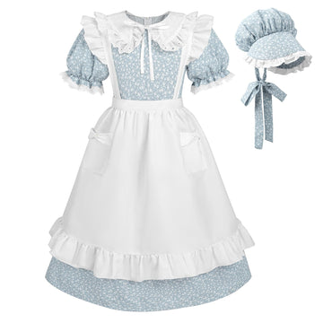 Ltakk Pioneer Dress Girls Colonial Costume Prairie Pilgrim Girl Dresses With Ruffled Pinafore, Stone Blue, Xl, Age Over 4 Years