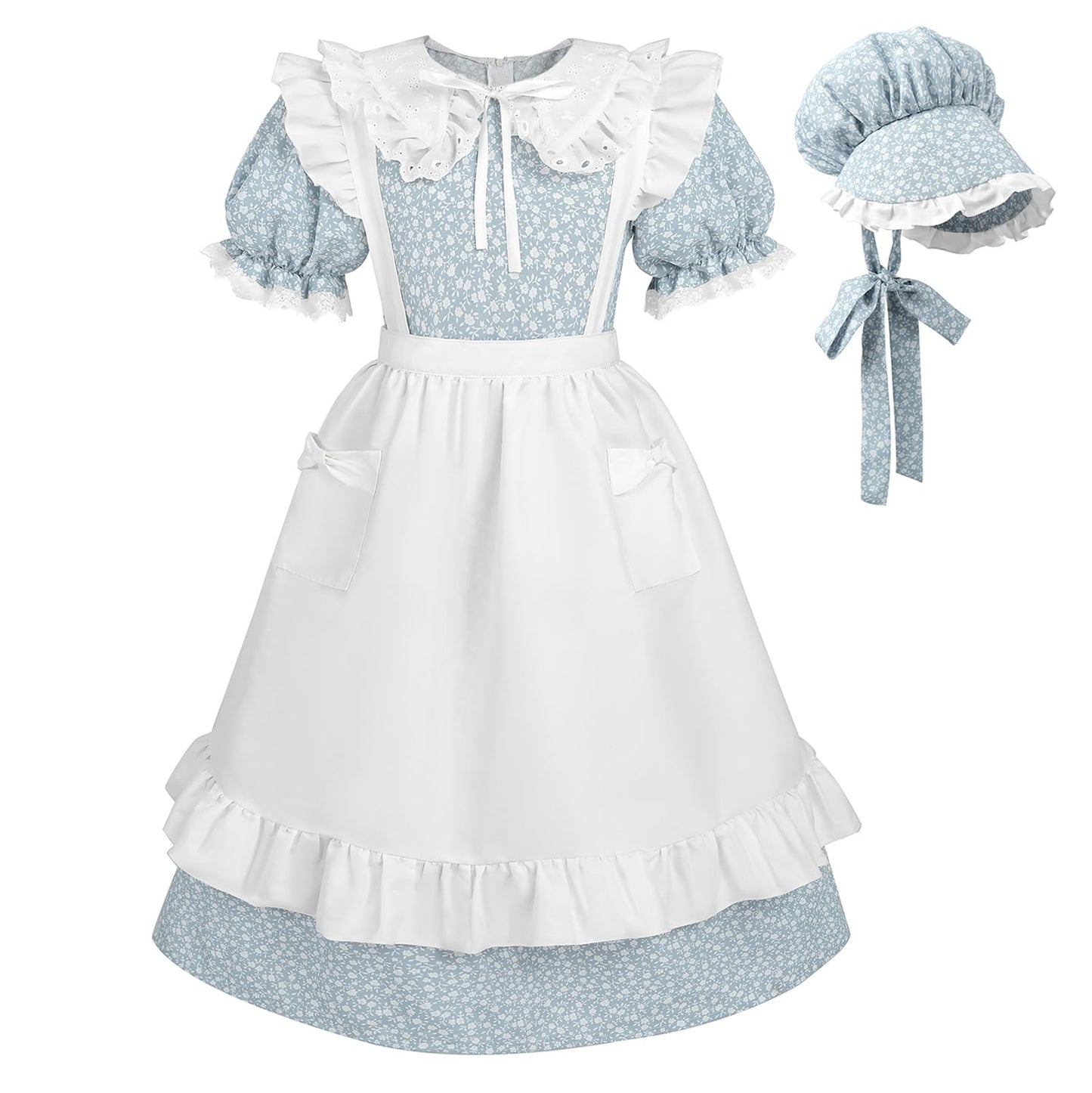 Ltakk Pioneer Dress Girls Colonial Costume Prairie Pilgrim Girl Dresses With Ruffled Pinafore, Stone Blue, Large, Age Over 4 Yea