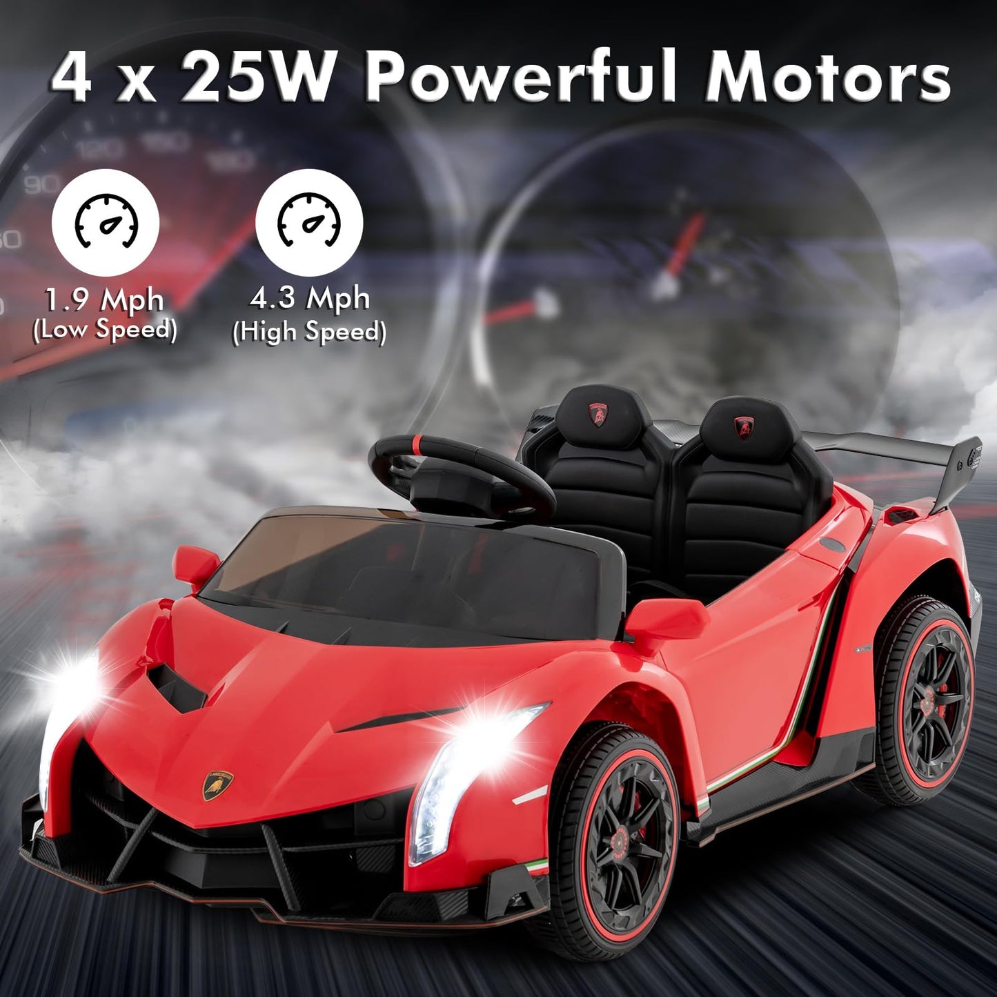 OLAKIDS 2 Seater Kids Ride On Car  12V 4WD Licensed Lamborghini Veneno Electric Vehicle with Remote Control  Toddlers Battery Powered Toy Gift with 2 Speeds  Rocking Mode  Music  USB  MP3 (Red)