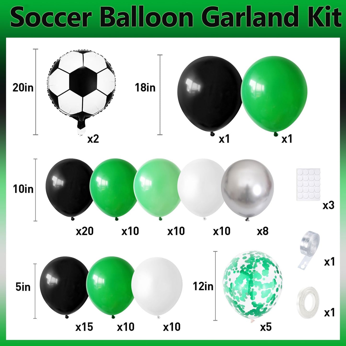 Gresatek Soccer Party Balloon Garland Arch Kit, Green Black White Metallic Sliver Balloons Decorations With Soccer Foil Balloon