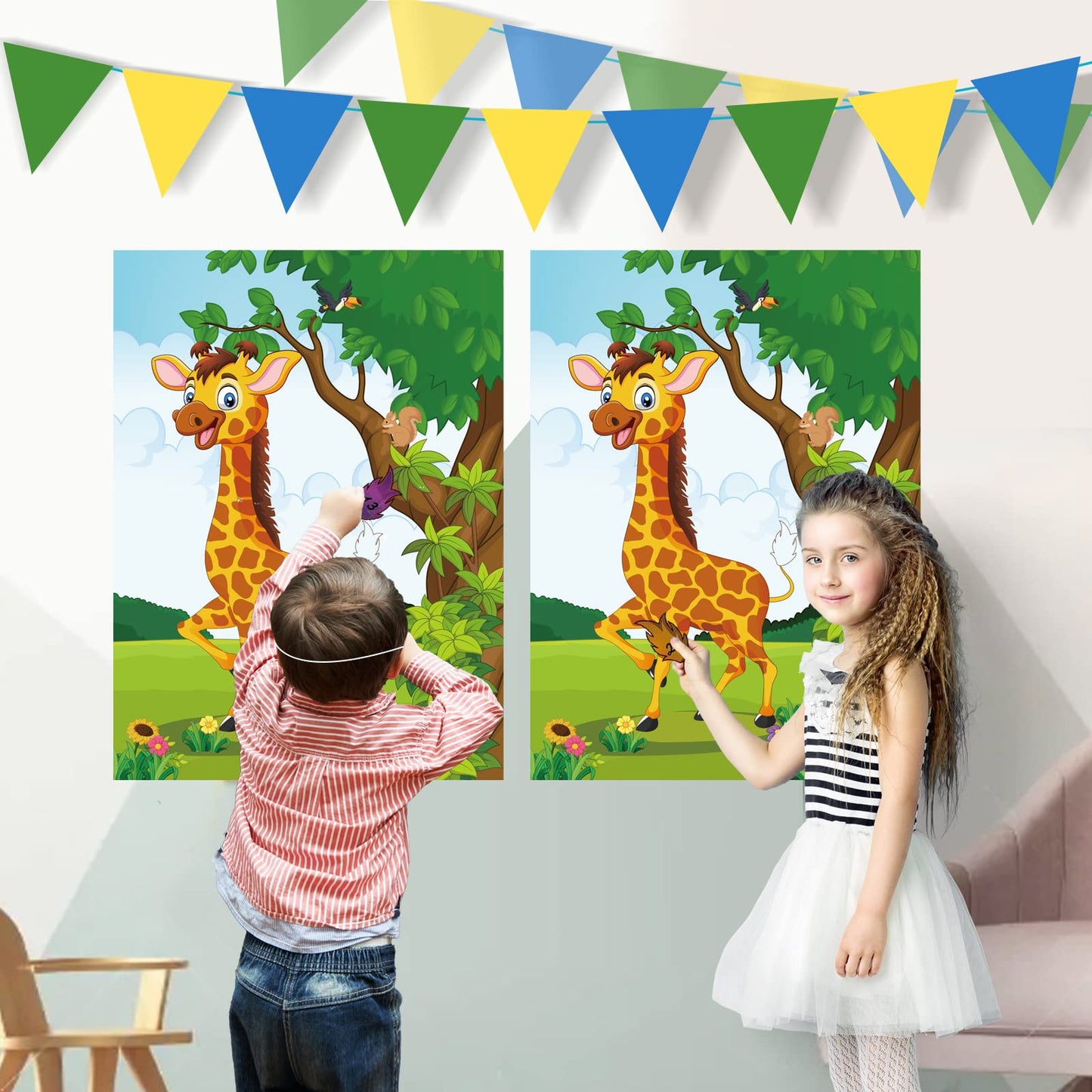 Astaron 2 Sets Pin The Tail On The Giraffe For Safari Jungle Animal Party Game Zoo-Themed Birthday Party Supplies 2 Posters 21'X 28' With 48Pcs Tail Stickers Kids Wall Home Decor