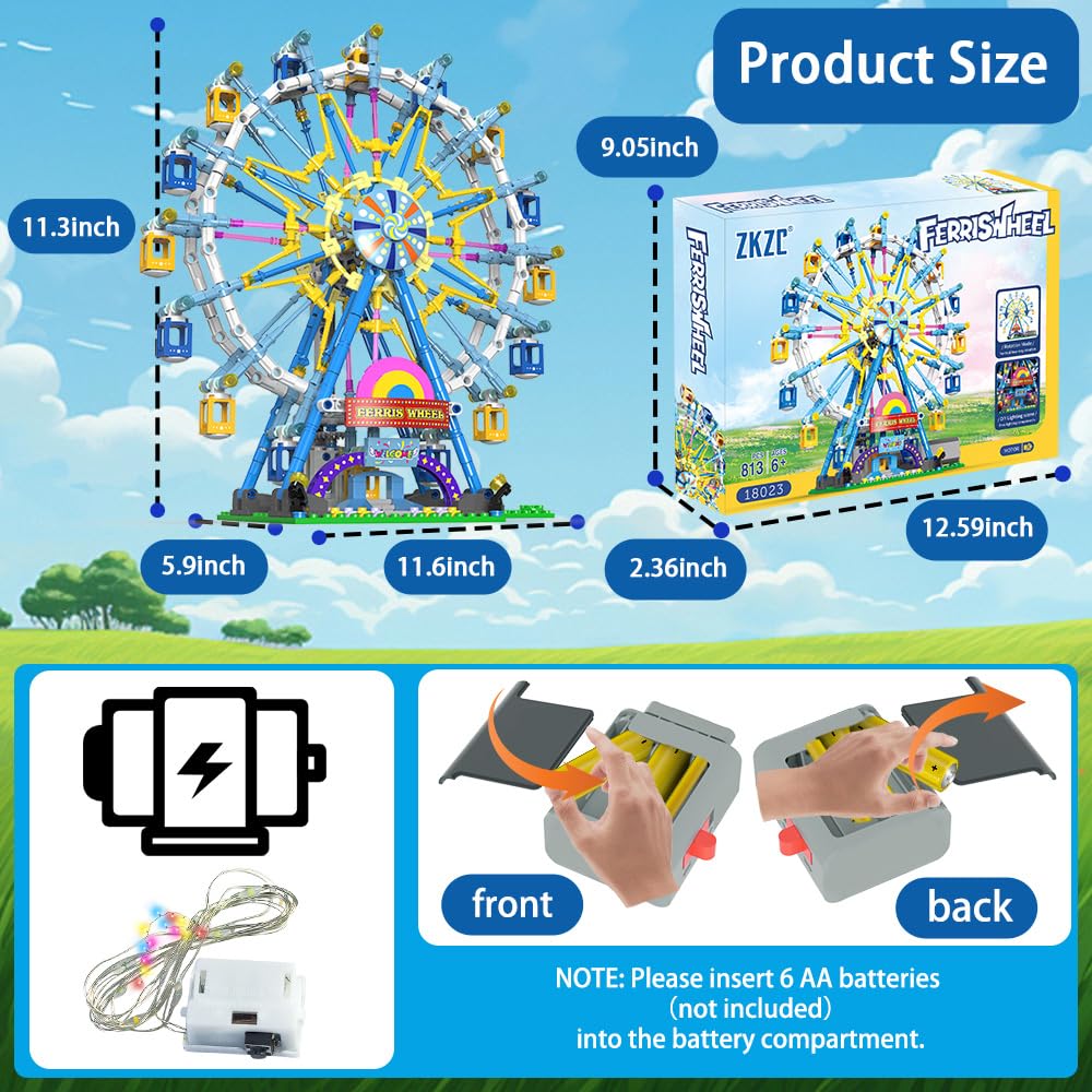 Rotating Ferris Wheel Building Blocks Kit With Lights Amusement Park Building Construction Toys Set For 6+ Year Boys Girls Birth