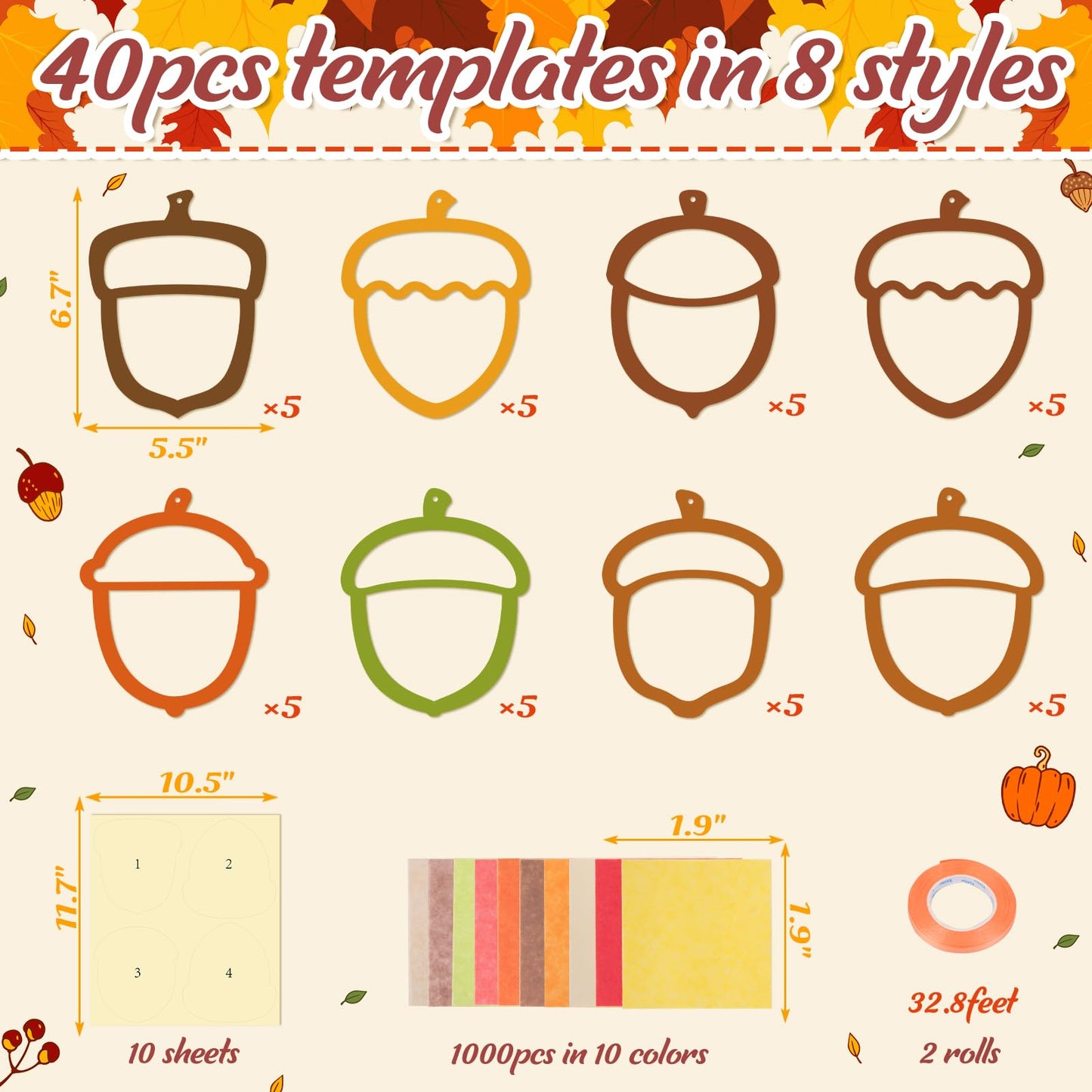 Renbuzhu 40PCS Fall Crafts Bulk: Acorn Paper Suncatchers DIY Kit for Autumn Thanksgiving Activities Decorations, Window Stained
