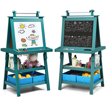 Costzon Kids Art Easel, 3 In 1 Double-Sided Wooden Easel W/Magnetic Whiteboard, Chalkboard & Paper Roll, 2-Tier Rack W/ 2 Storage Boxes, Standing Easel For Kids, Toddlers, Boys, Girls (Blue)