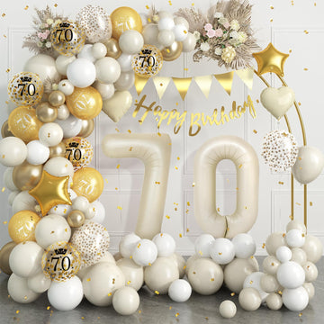 70Th Birthday Decorations Sand White Gold,70Th Birthday Balloon Arch Garland Kit With Happy 70Th Birthday Number 70 Foil Balloon
