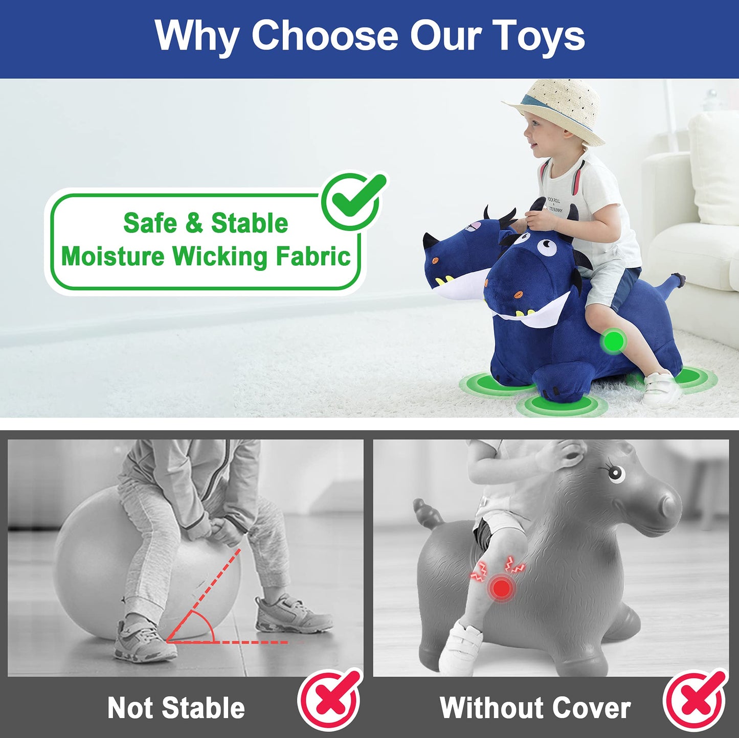 iPlay, iLearn Bouncy Pals Plush Blue Hopping Horse & Inflatable Dragon - Large, Indoor/Outdoor Toys for Toddlers 18-24 Months