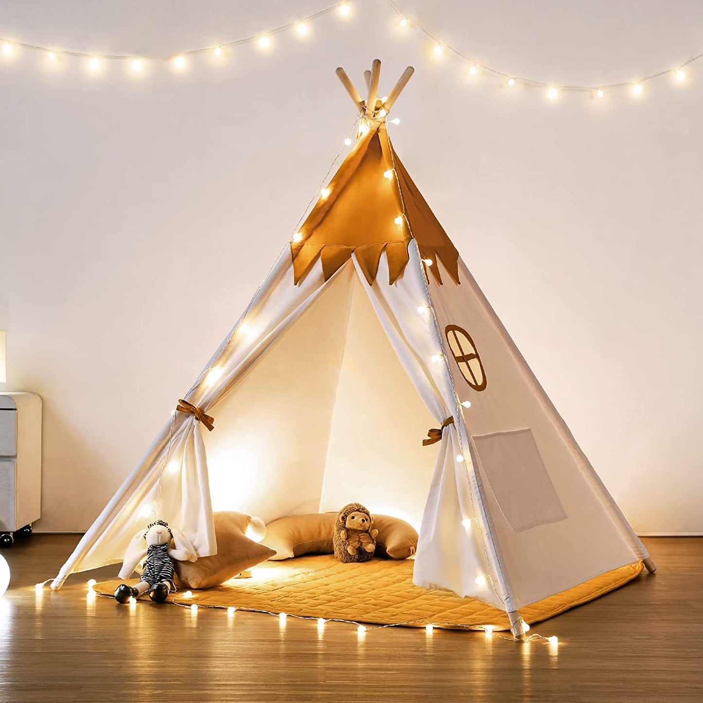 Besrey Toddler Teepee With Padded Mat And Lights, Play Tent For Kids Indoor, Baby Tipee Tent, Large Canvas Childrens Teepee, White Toddler Teepee, Gift For Boys And Girls (Yellow+White)
