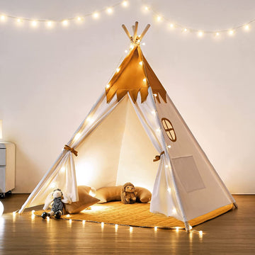 Besrey Toddler Teepee With Padded Mat And Lights, Play Tent For Kids Indoor, Baby Tipee Tent, Large Canvas Childrens Teepee, White Toddler Teepee, Gift For Boys And Girls (Yellow+White)