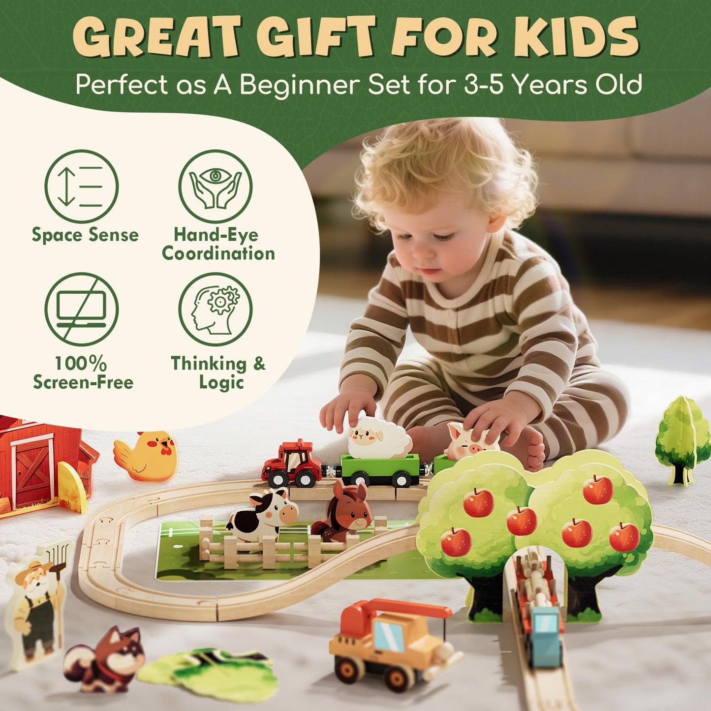 Lehoo Castle Wooden Train Set for Toddlers, Wooden Track & Farm Animals, Medium Size, Ideal Gift for 3-4 Year Old Boys