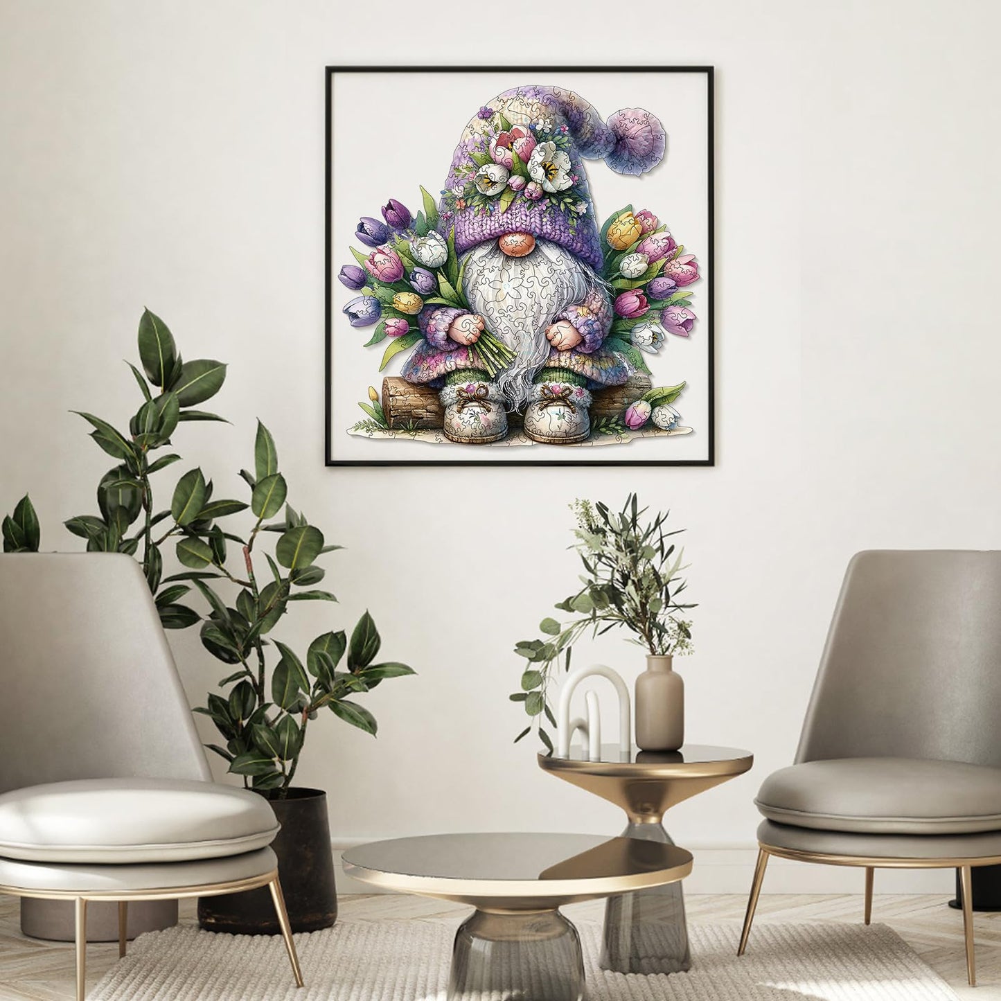 Gnome Wooden Puzzles for mature-themeds  300pcs Gnome Wooden Jigsaw Puzzles for mature-themeds  Flowers Unique Shaped Jigsaw Puzzles Creative Gift for Friend Family Game Large Size 15'' x 14.1''