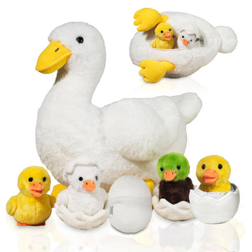 Duck Stuffed Animals With Babies Inside, 7 Pieces Mommy And Baby Duck Plush - Ducklings And Eggs In Mom Duck Zippered Belly, Whi