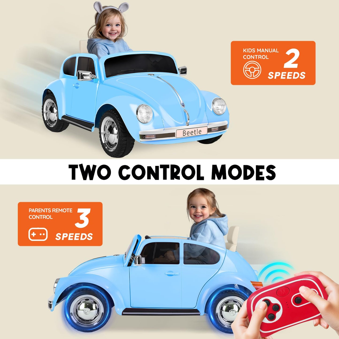Xcar 12V Electric Car For Toddlers, Ride On Car With Remote Control, Led Light, 3 Speeds, Music, Bluetooth, 3-5 Years Old, Blue