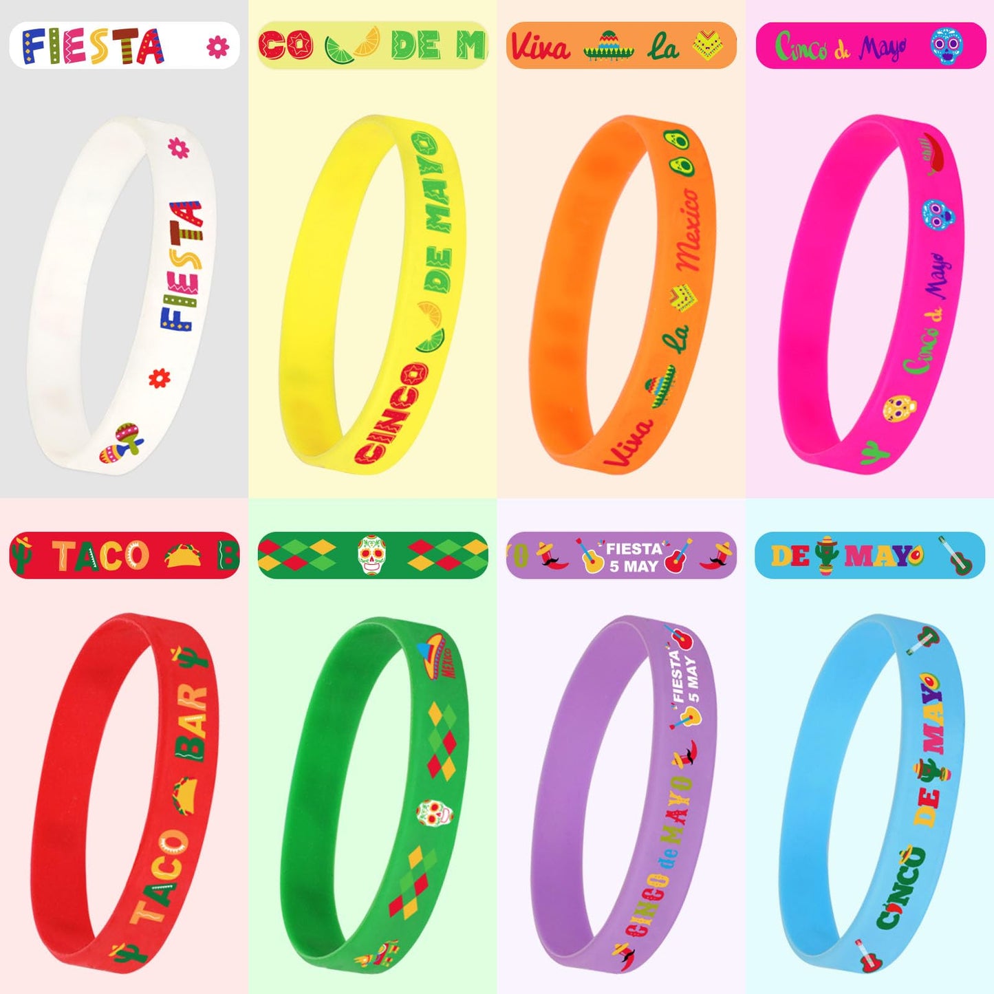JUNEBRUSHS 24pcs Mexican Fiesta Party Favors Silicone Bracelets Cactus Guitar Hat Rubber Wristbands for Fiesta Mexican Birthday