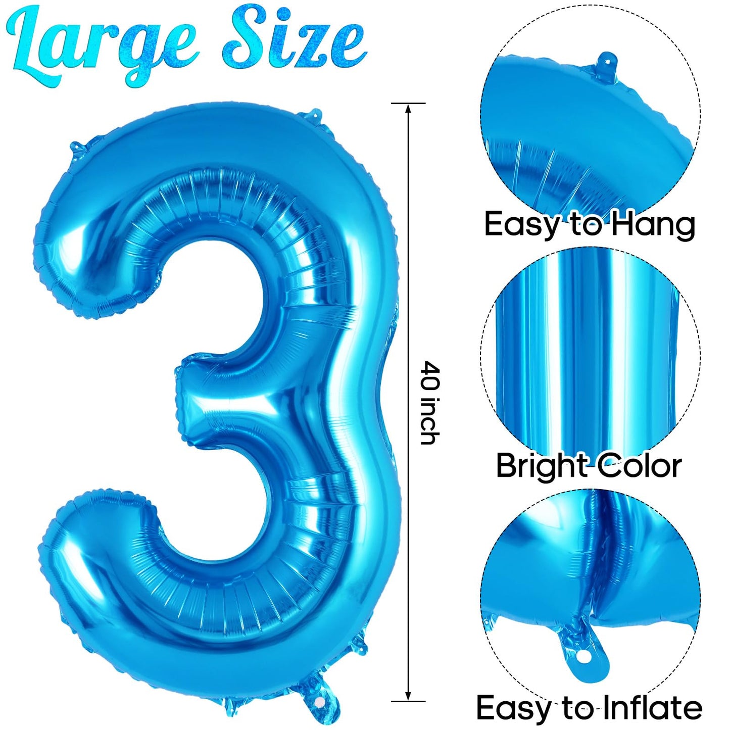 Blue Number 3 Balloon 40 Inch, Big Large Foil Helium Number Balloons, Jumbo Giant Mylar Number 3 Balloons For 3 Third Birthday P