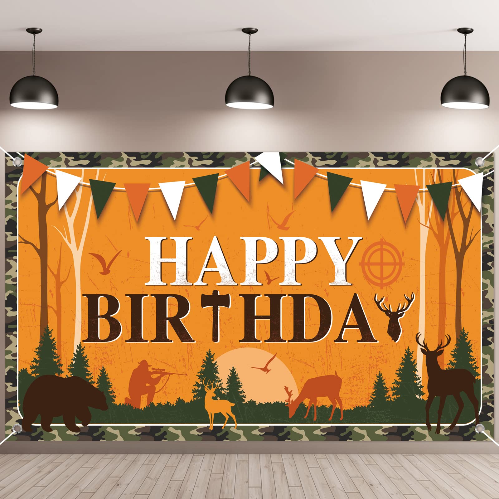 Hunting Birthday Banner Gone Hunting Party Supplies Backdrops Camo Camping Party Banner Decorations for Boys Men Birthday Decor
