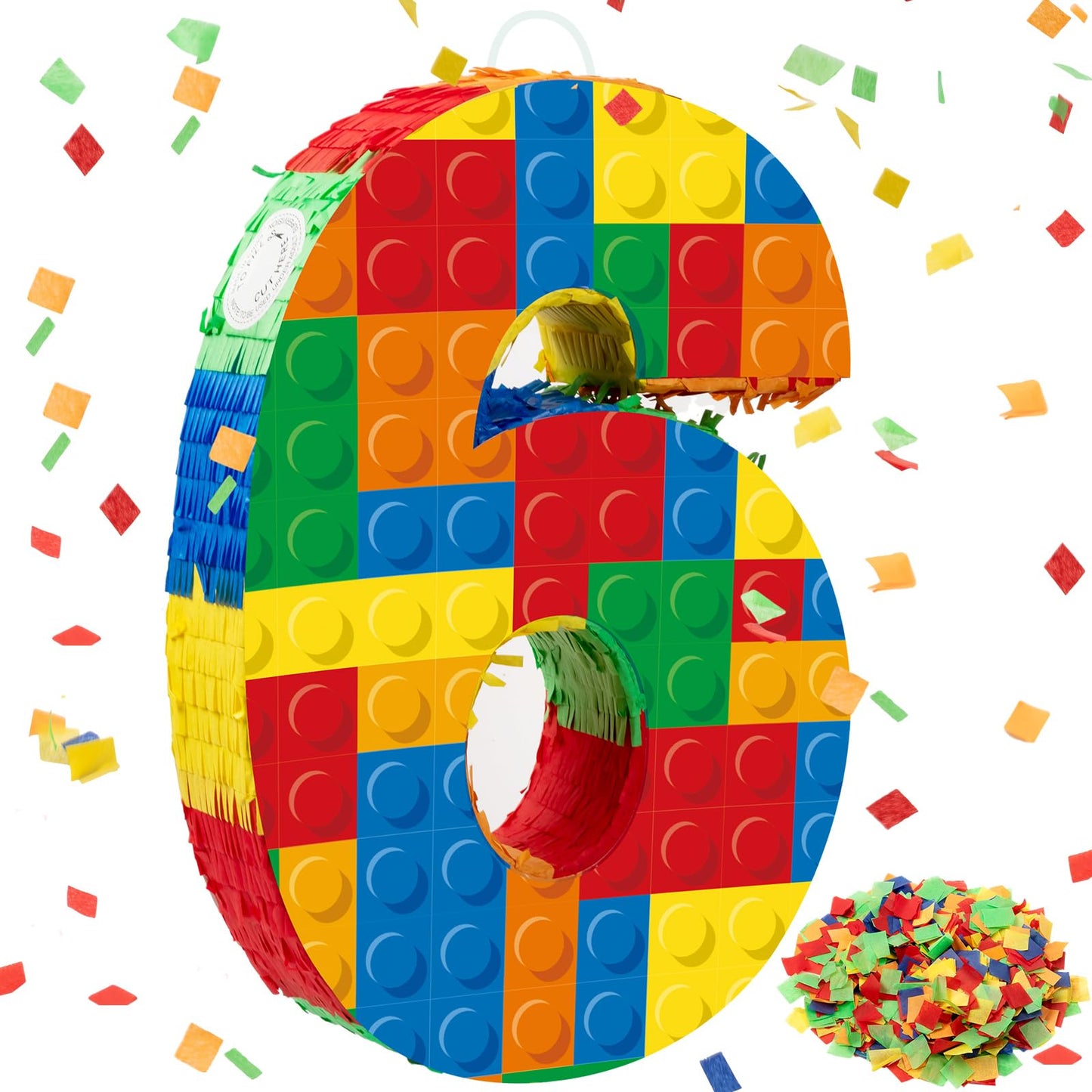 RoundFunny Number 6 Building Blocks Piata 16.5 Inch Party Supplies 6th Birthday Party Decorations Piata with Confetti Blocks The