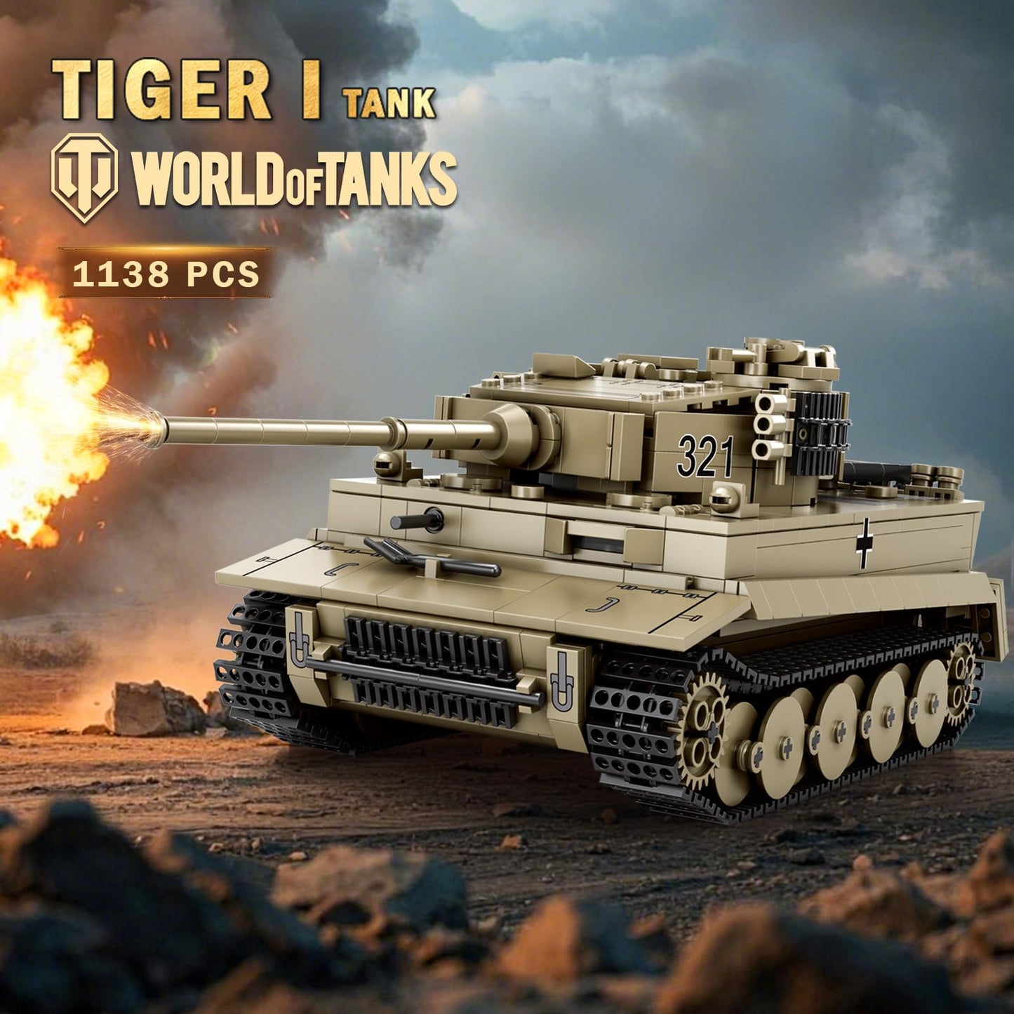 Reobrix Tiger I Tank Building Block Set, WW2 German Model 77031, 1138 PCS Plastic Army Toy for Ages 14+