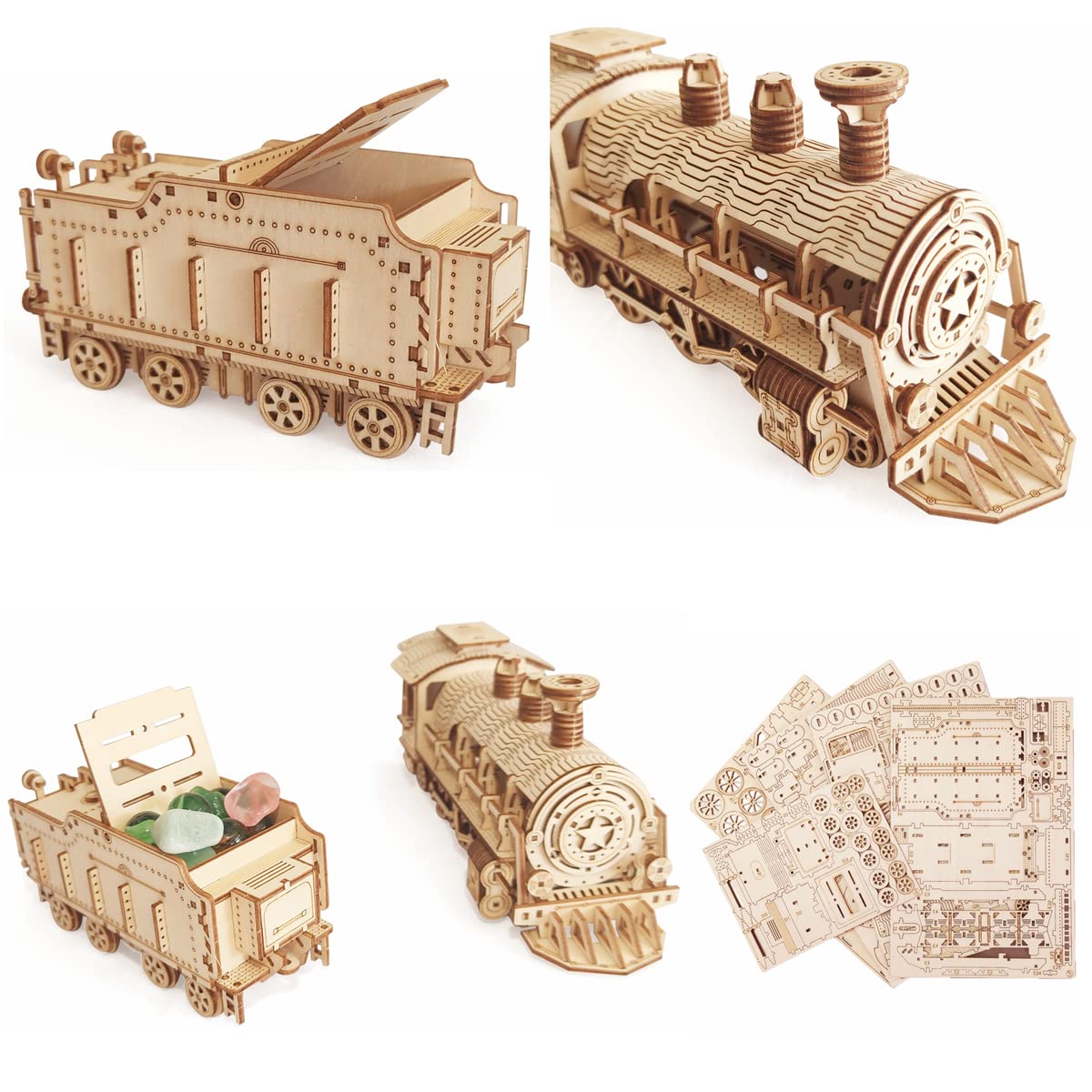 i-CHONY 3D Wooden Puzzle - DIY Mechanical Steam Train Model Kits - Wood Crafts Vehicle Building Model - Wooden STEM Brain Teaser Puzzle - Steam Train Birthday Gifts for mature-themeds Teens Boys Girls