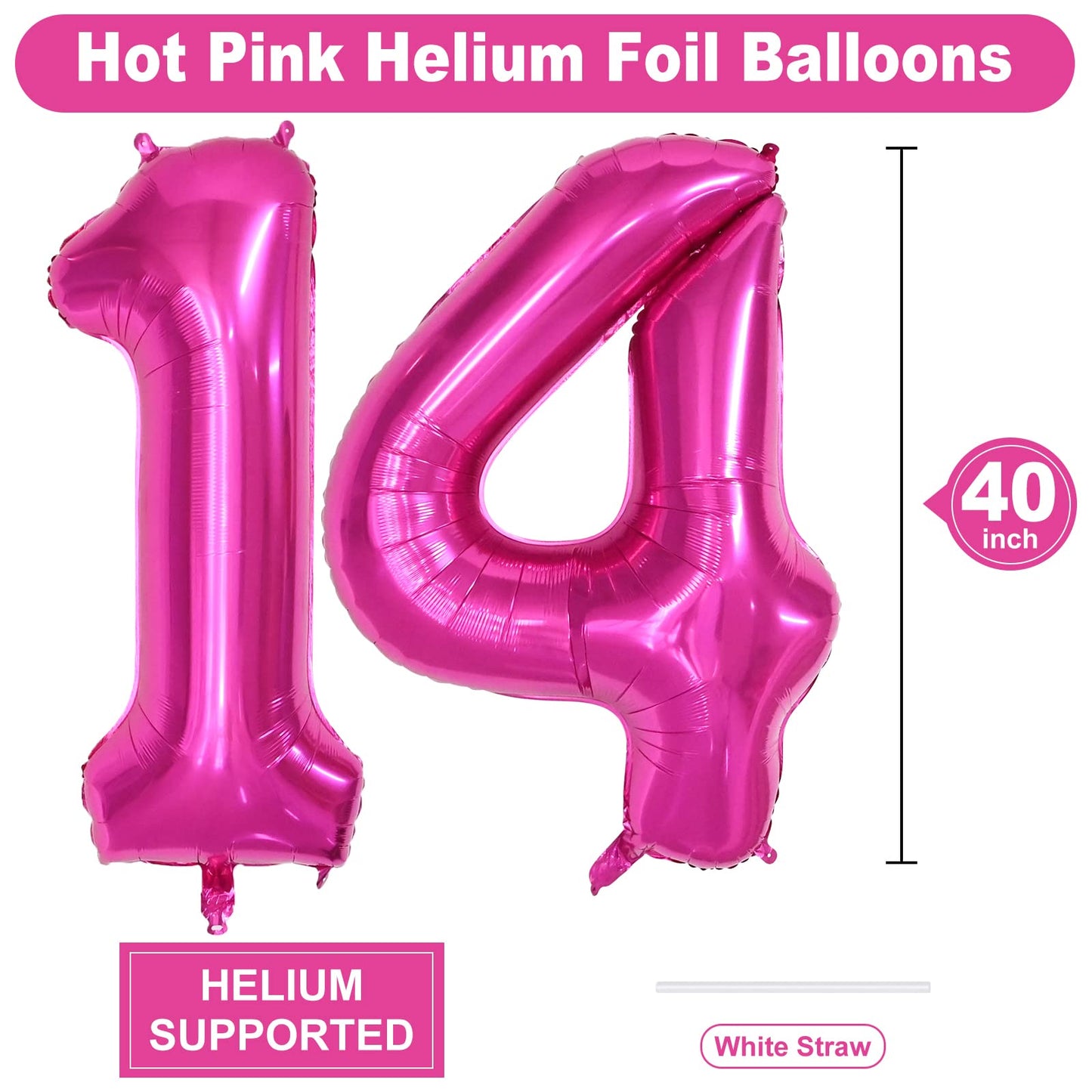 40 Inch Number Balloons 14, Hot Pink Helium Foil Number 14 Balloons, Large Number Balloon Age Balloon For Boys Girls Birthday Pa