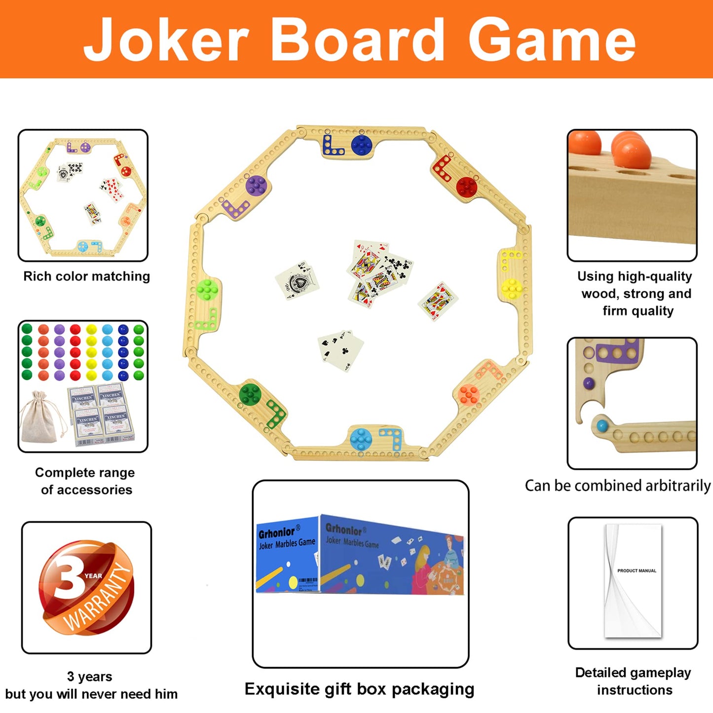 Grhonior Marbles And Jokers Board Game Pegs And Jokers Real Solid Wood (Pine) Game Board Wooden For 2-8 Players 8 Game Boards 8