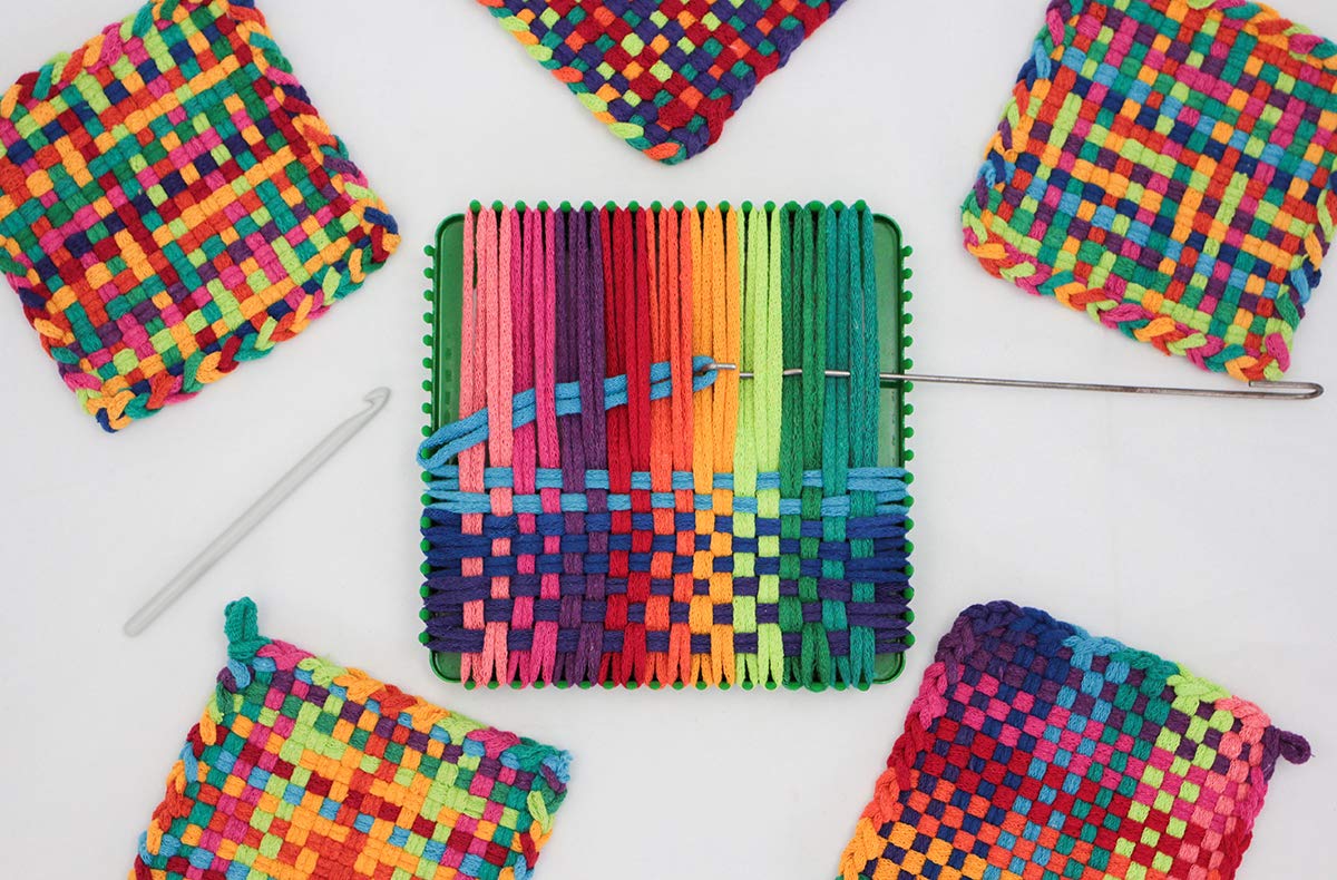 Friendly Loom Potholder 7 Traditional Size Green Potholder Deluxe Loom Kit with Rainbow Color Cotton Loops Make 6 Potholders, We