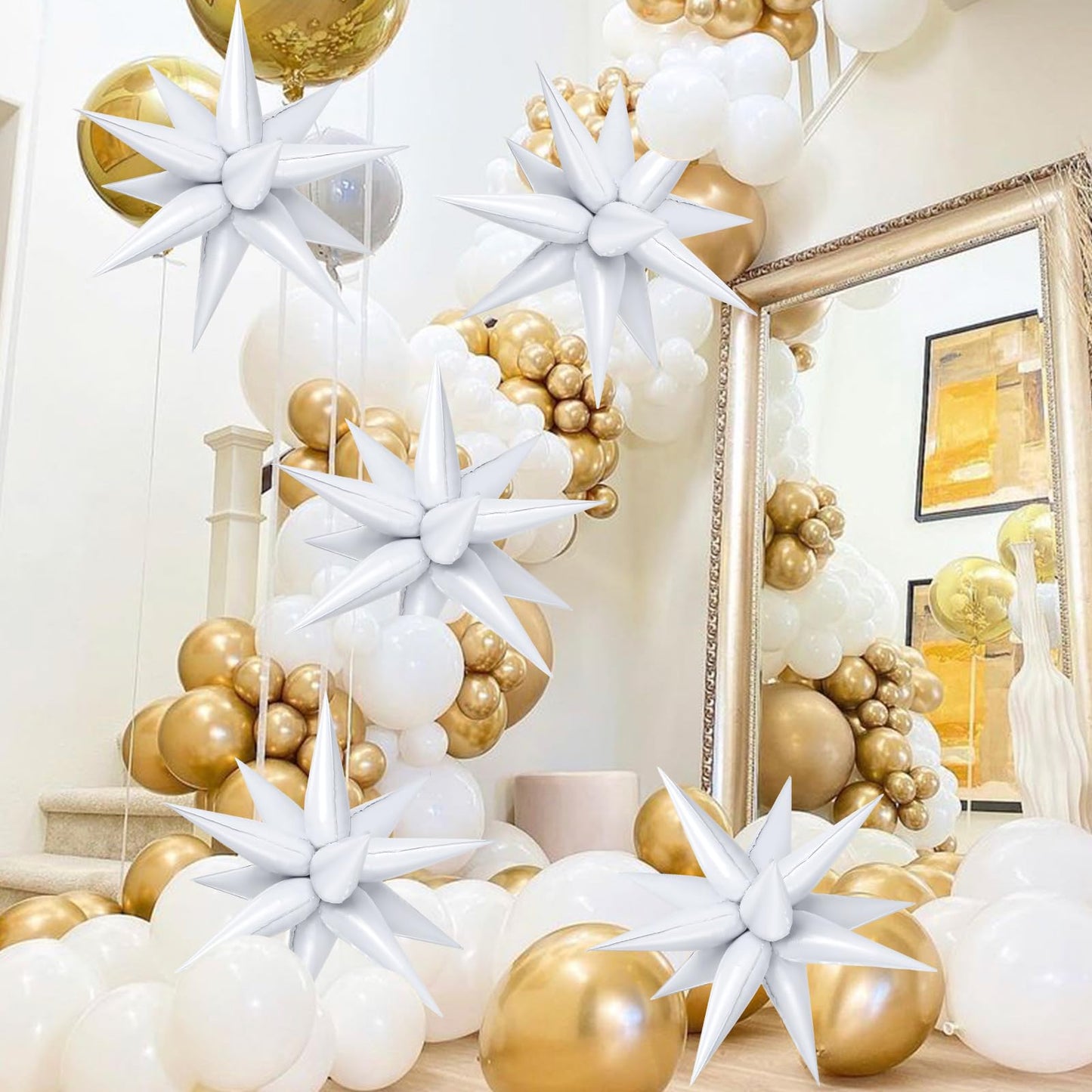 72 Pcs White Star Balloons, 26 Inch Star Foil Balloons Starburst Balloon, Large Spike Cone Metallic Balloons For Birthday, Weddi