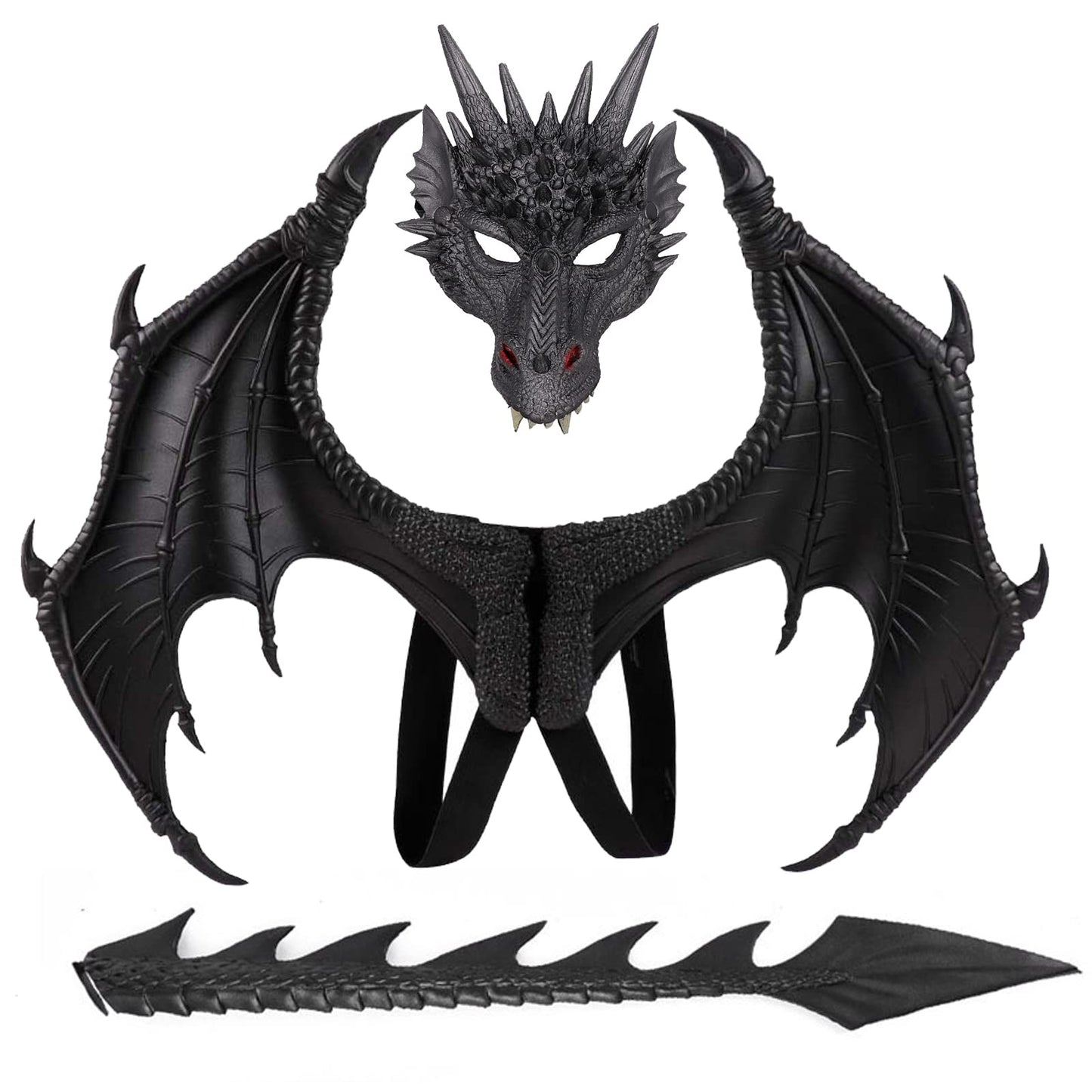 Alodidae Dragon Costumes Set Devil Wings Demon Tail Dino Mask For Halloween Masquerade Party Cosplay (Black)