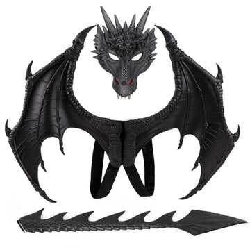 Alodidae Dragon Costumes Set Devil Wings Demon Tail Dino Mask For Halloween Masquerade Party Cosplay (Black)