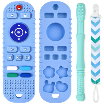 Baby Teether Toys Silicone, Remote Control Shape Teething Toys With Hollow Teether Tube And Pacifier Clip, Silicone Baby Teething Toys For 3 Months+, Bpa Free Baby Teething Toys (Blue)