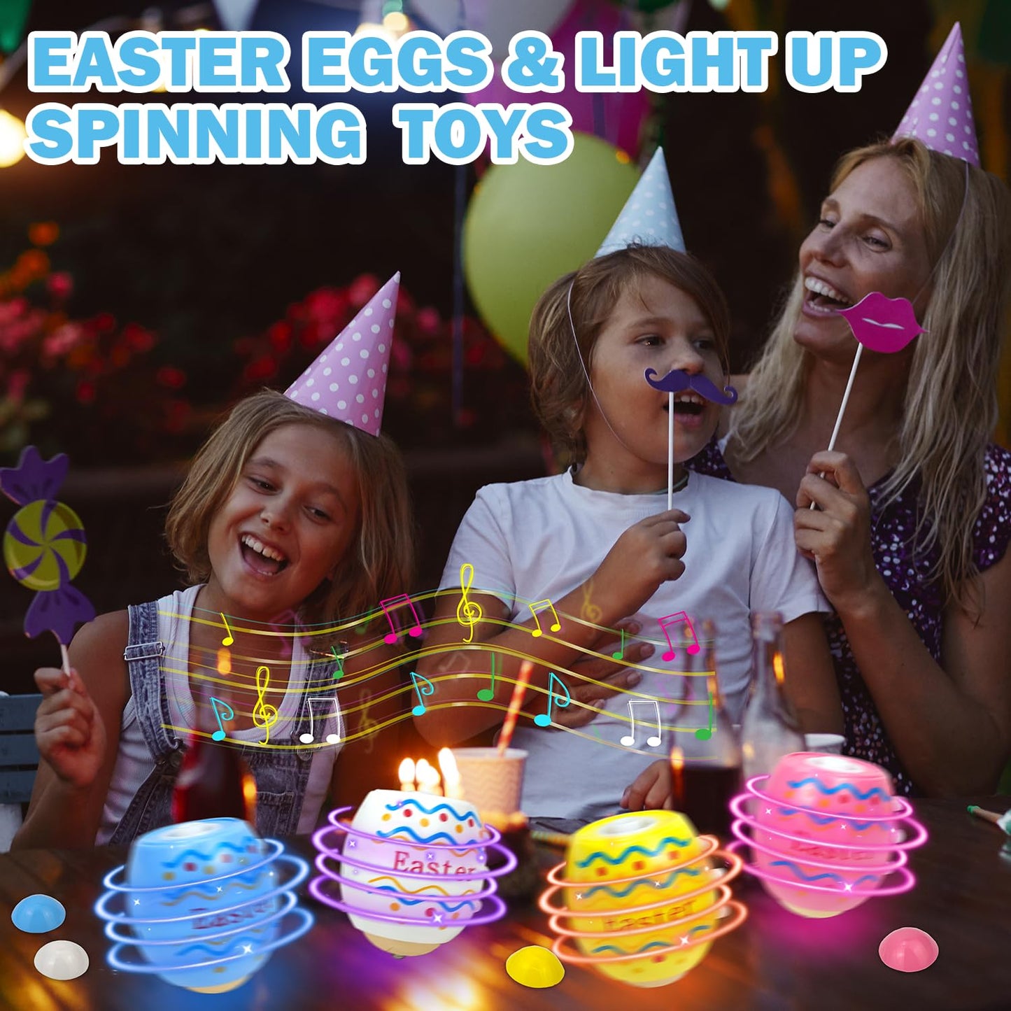Easter Party Favors Basket Stuffers For Kids 12 Pack, Light Up Easter Egg Spinning Top Toys Gifts With Music For Toddlers, Goodi