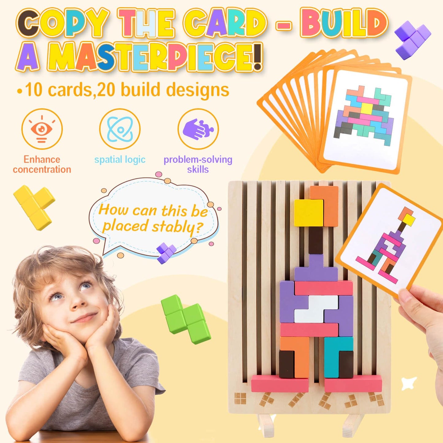Joneg Games For 3+ Year Olds Kids- Wooden Stacking Puzzles Tetris - Brain Teasers 3D Russian Blocks Board - Stem Montessori Toys
