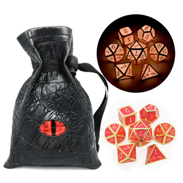 Haxtec Glow in The Dark Metal DND Dice Set Gold Pink D&D Dice for Dungeons and Dragons-Gold Glowing Red/Cream Pink