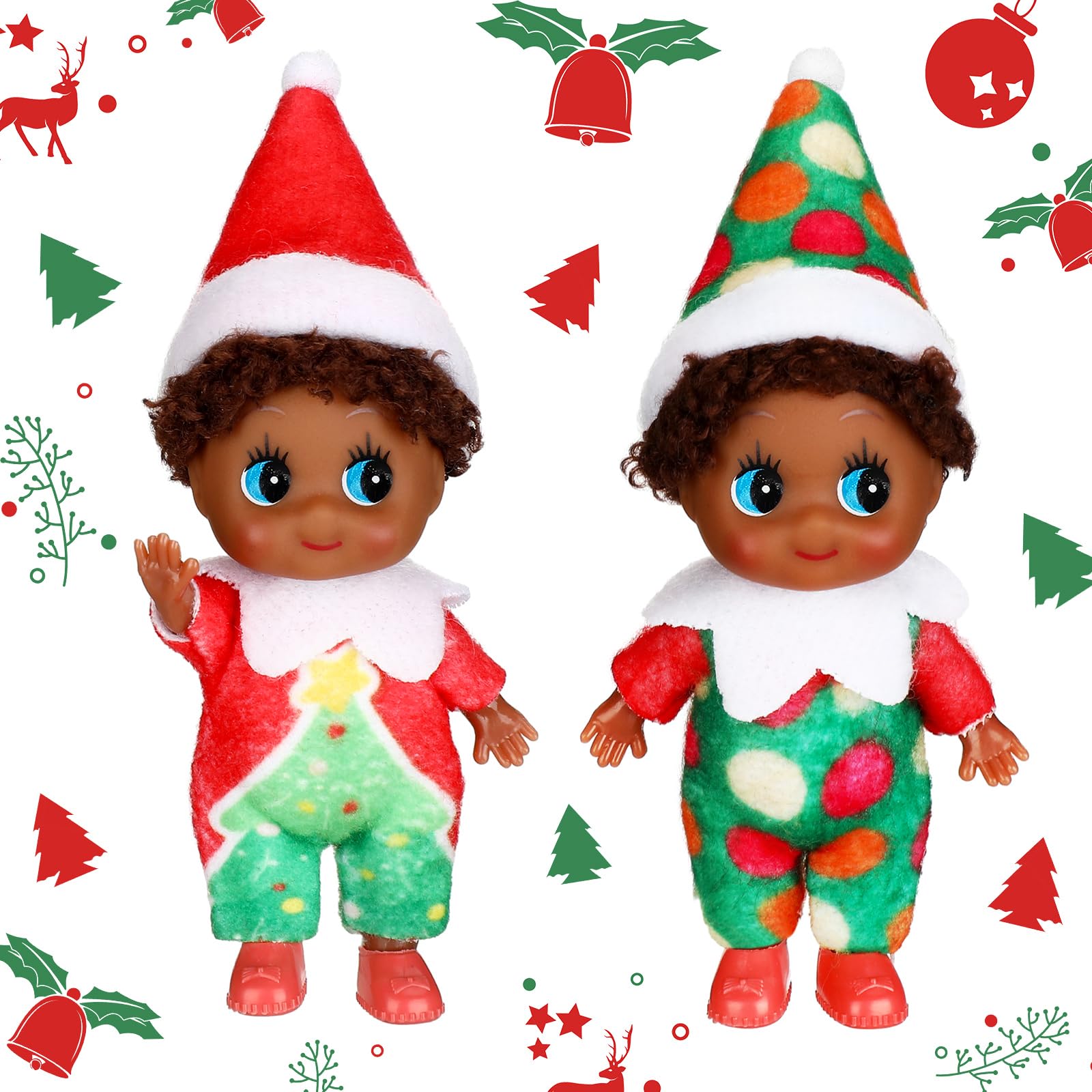 Threan 2 Pcs Christmas Elf Twins Ethnic Hispanic African American Black Elves Doll Xmas Figure Village Elf Accessories Decoration Advent Calendar Stocking Stuffer(Tree Style)