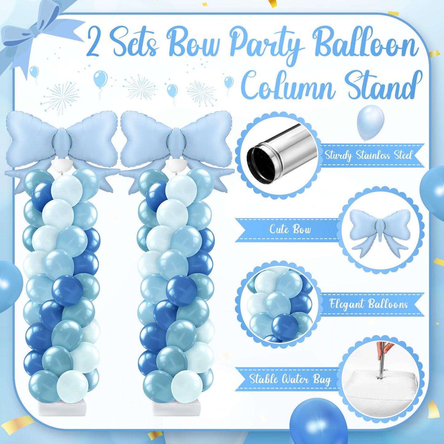 Kasyat Balloon Column Stand Kit - Dusty Blue Bow Decor for Baby Showers, Birthdays, Weddings - AU-Kasyat-1735