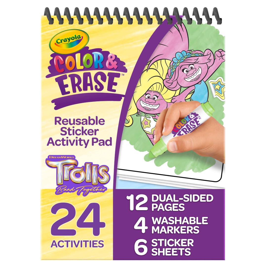 Crayola Trolls Color & Erase Sticker Activity Pad, 12 Reusable Trolls Coloring Pages & 100 Stickers, Gift