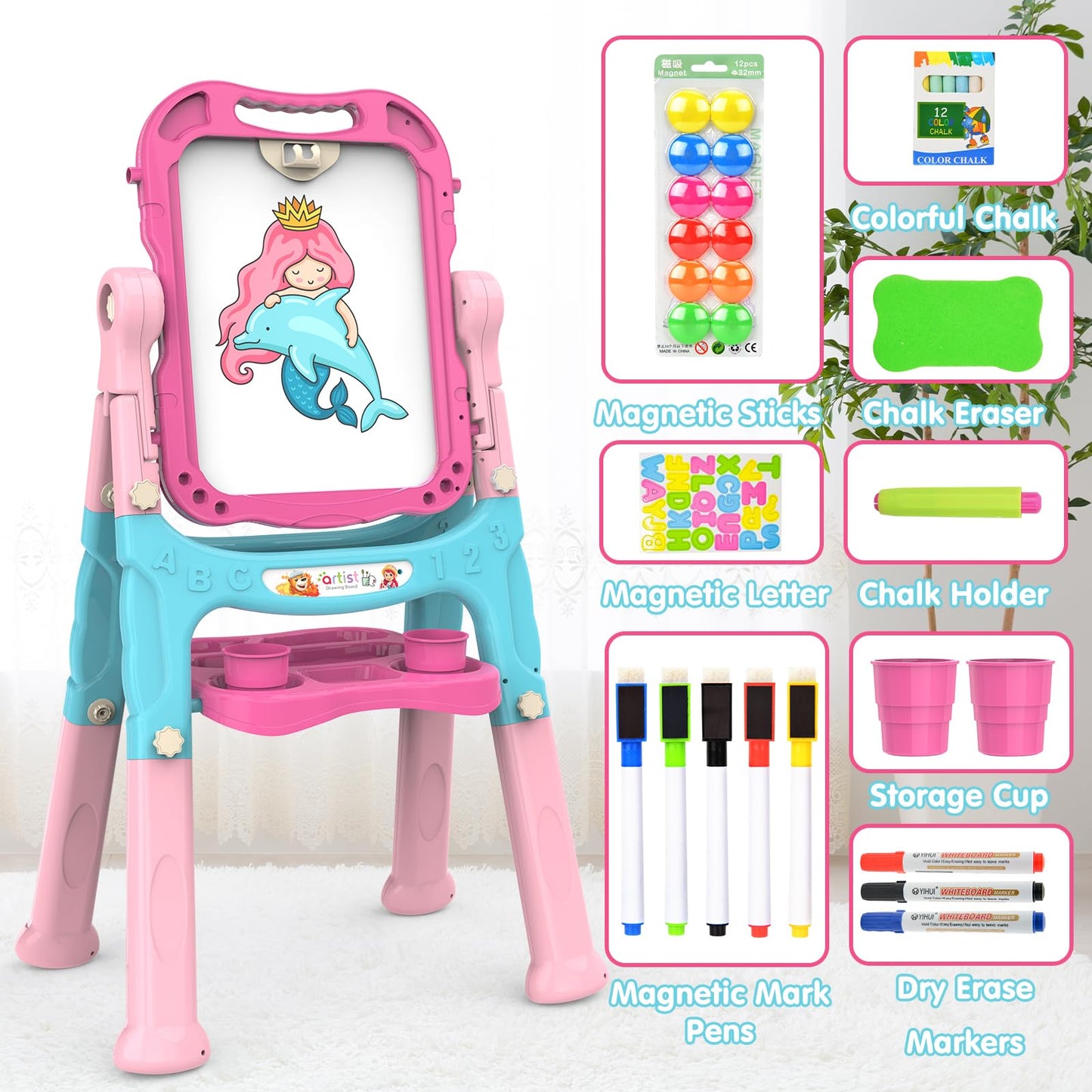 Amagoing Easel for Kids, Adjustable Standing Art Easel for Toddler, Double Chalk Drawing Board with Painting Accessories, Birthd