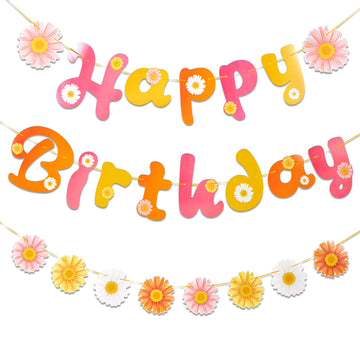 Sunbeauty Flower Daisy Happy Birthday Banner Groovy Party Banners Groovy Party Decorations Boho Happy Birthday Banner Daisy Retr
